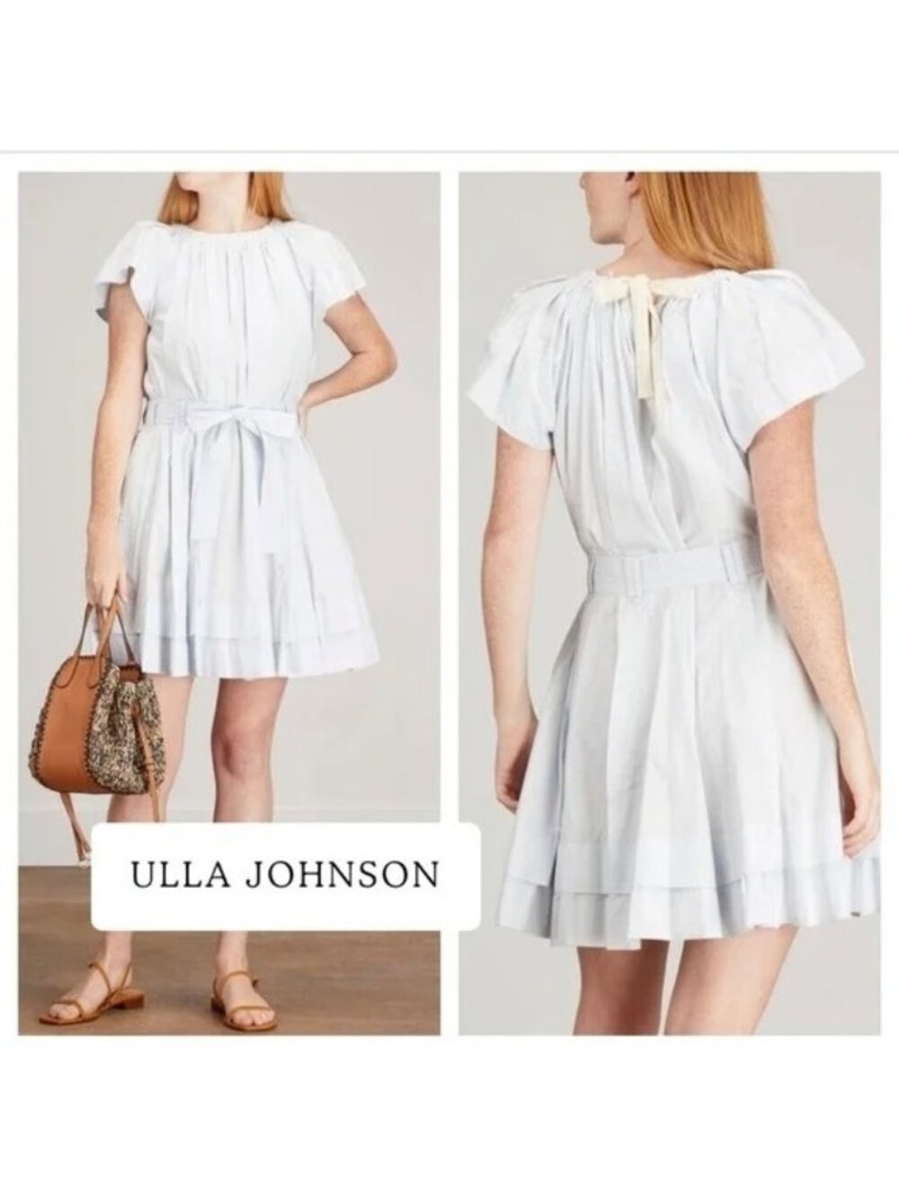 🆕ULLA JOHNSON Mae Mini Dress Sea Glass Blue Cotton Flutter Sleeve Belted 8 - Picture 1 of 12
